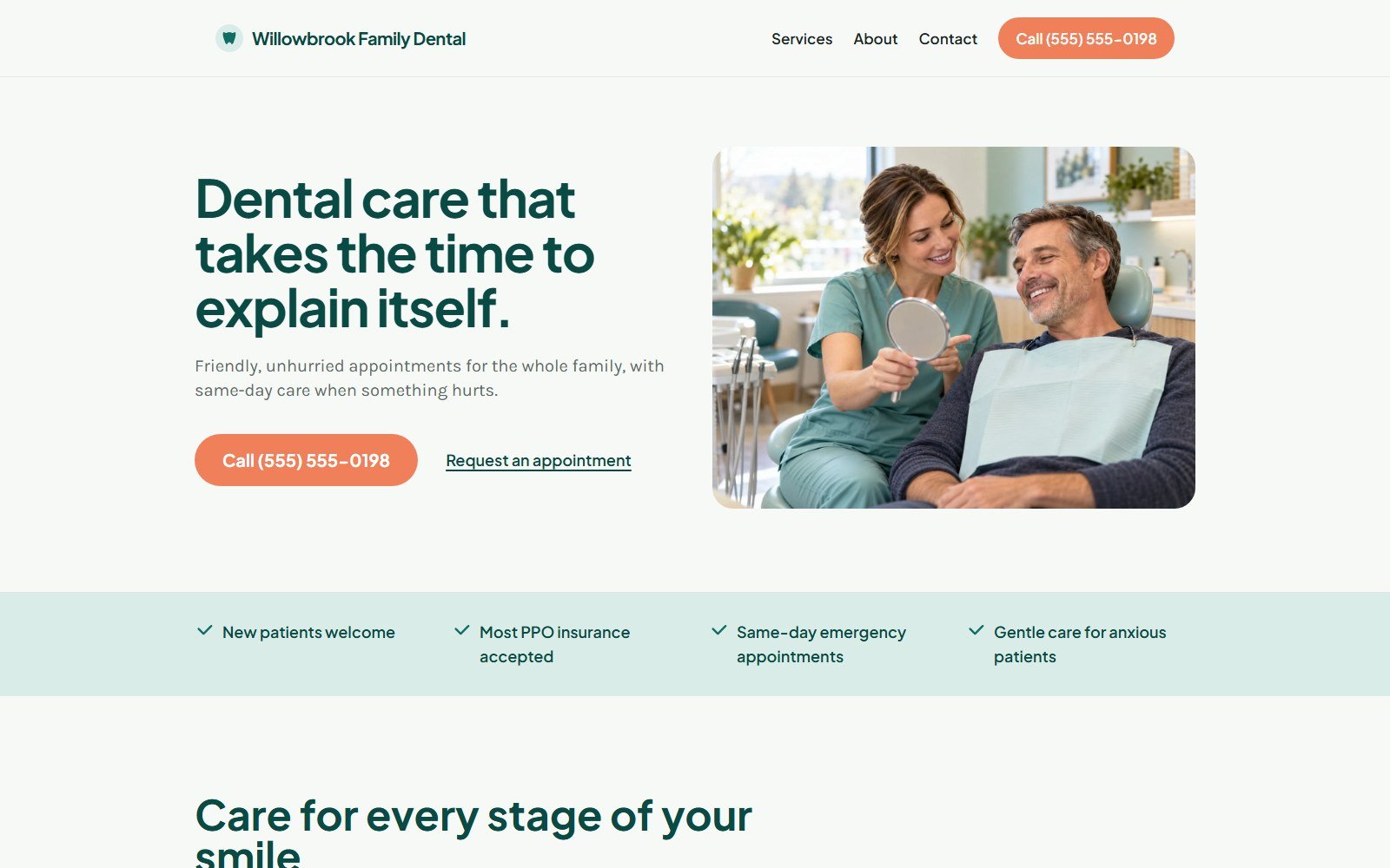 Screenshot of the Willowbrook Family Dental homepage